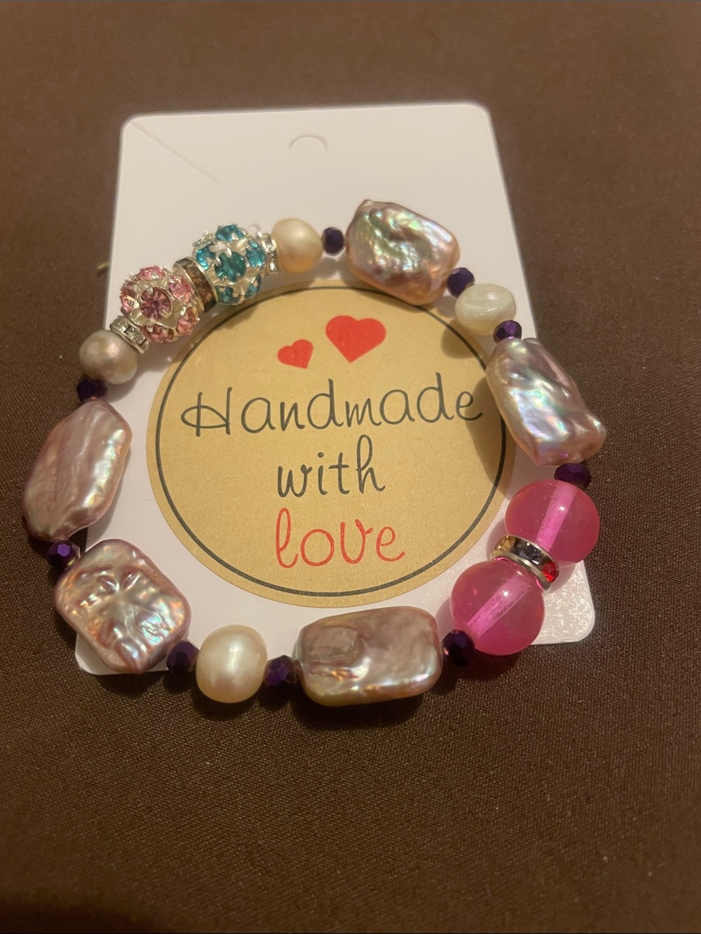2/$7 - Handmade Fashion Pink Pearl & Iridescent Bead Stretch Bracelet